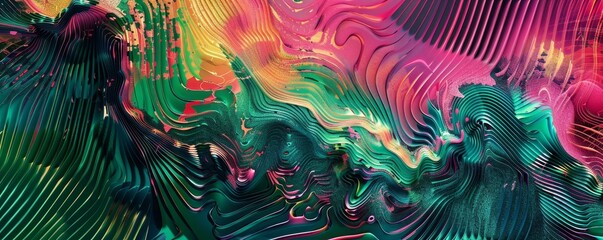Vibrant abstract digital painting with swirling patterns of pink, green, and yellow. Perfect for creative, artistic, and modern design projects.