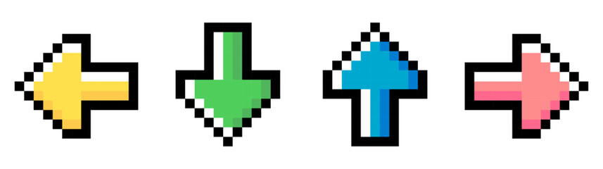 Pixel art set with four cute multicolored arrows turned in different directions isolated on a white background. Vector 8bit pixel illustration