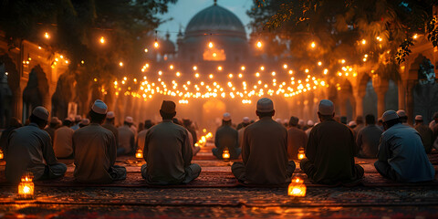 A peaceful scene of people praying together with an Islamic background during Eid-al-Adha, illuminated by soft lights, creating a tranquil atmosphere