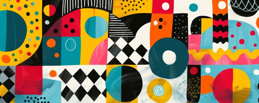Vibrant abstract geometric pattern with bold colors and diverse shapes. Modern artwork ideal for backgrounds and design projects.