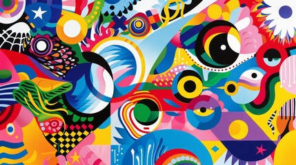 Vibrant abstract painting with colorful geometric shapes, swirls, and patterns. Dynamic design perfect for creative projects and artistic inspiration.