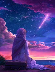 A hijabi girl wearing white long dress, sitting on a beach with a suitcase, shooting star in the sky