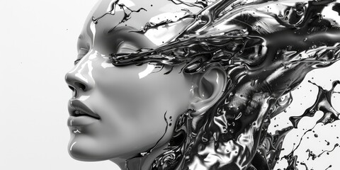 Liquid paint splash forming a female face shape isolated on a gray background.
