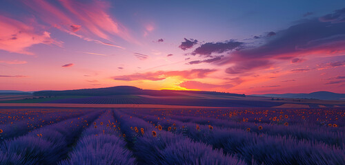 Rolling countryside with fields of lavender and sunflowers under a vibrant sunset sky with shades...