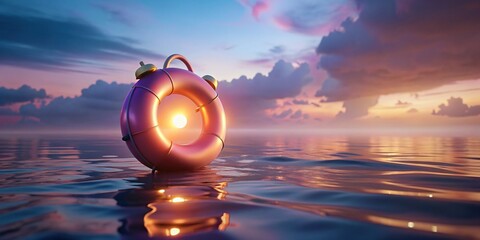 Alarm clock shaped inflatable ring floating in calm water with a soft pastel background
