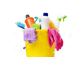 Colorful assorted housecleaning products and accessories