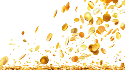 Gold coins fall from the sky, money explosion, earning , money rain, on white background 