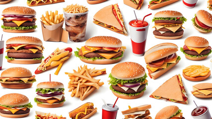 Fast food on white background, Generative AI