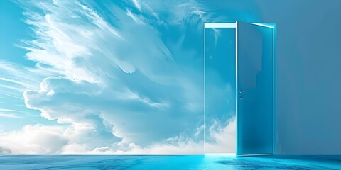 Opening the door to a blue sky symbolizes a new beginning. Concept Blue Sky, New Beginnings, Symbolism, Positive Change