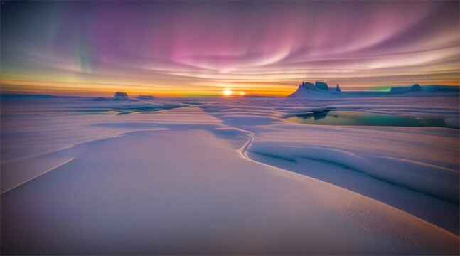 Arctic Aurora: A breathtaking panorama of the Arctic landscape under the mesmerizing display of the Northern Lights, illuminating the snow-covered terrain with vibrant shades of purple, pink.