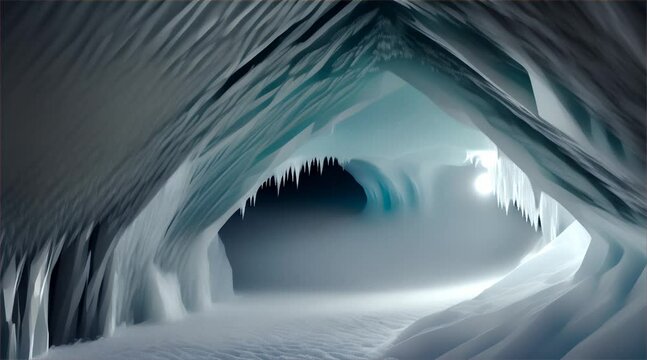 Into the Ice Cave: An ethereal view of the interior of an ice cave, with shimmering turquoise walls and a dark, mysterious opening beckoning deeper into the icy depths.