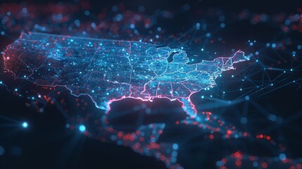 Abstract digital map of America, concept of American global network and connectivity, data transfer and cyber technology, information exchange and telecommunication