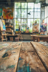 A wooden table in the foreground with a blurred background of an art studio. The background includes easels with canvases, paintbrushes, palettes, colorful paintings on the walls, and shelves