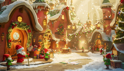A group of elves are playing in a Christmas market by AI generated image