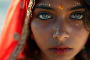 Close-up of a young indian girl with striking blue eyes, bindi, and a red headscarf