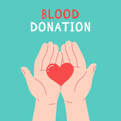 Blood donation card design with hands holding the heart. Vector illustration. World Blood Donor Day