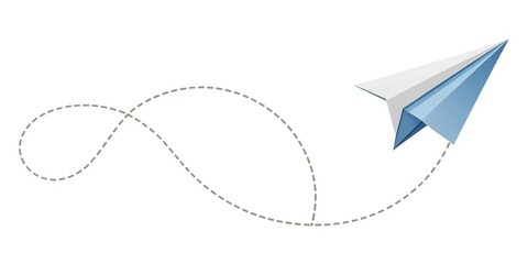 Cartoon paper plane making loop on white background