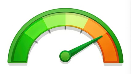 Cartoon arrow point credit scale speedometer icon with low status and green color