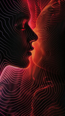 Mesmerizing digital artwork depicting two neon light faces nearing a kiss amidst a vibrant swirl of red lines