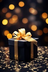 Black gift box with golden ribbon and bow 
