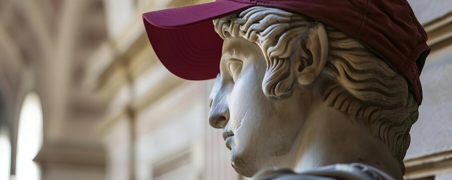 Closeup of a Greek statue wearing a baseball cap backwards, adding a contemporary and playful element to the classical figure