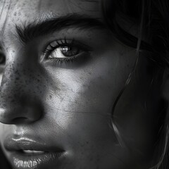 Fototapeta premium Close-up photograph of a woman's face and one eye in black and white