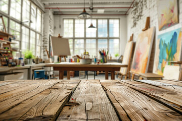 A wooden table in the foreground with a blurred background of an art studio. The background includes easels with canvases, paintbrushes, palettes, colorful paintings on the walls, and shelves