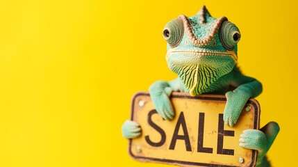 Cute chameleon Holding 'Sale' Sign, Yellow Background.