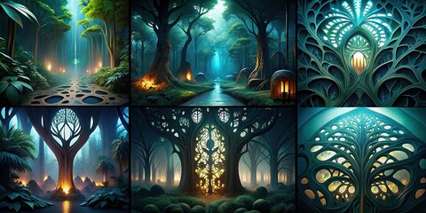 Collection of images featuring intricate cutout designs of rainforest tree shapes 