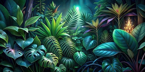 Collection of tropical plant leaves on a bush, including Monstera, palm, rubber plant, pine, and bird's nest fern