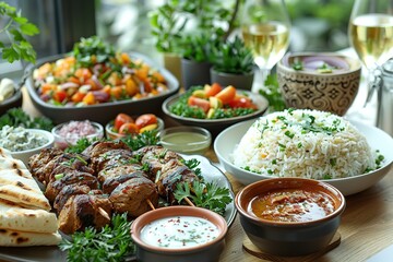 Obraz premium A table full of food with a variety of dishes including rice, soup, and salad