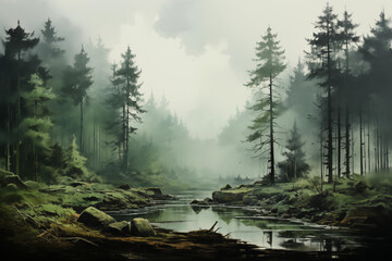 A Tranquil Forest Scene with a Gentle Mist