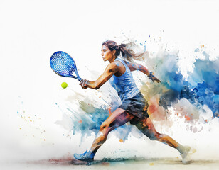 Watercolor of a padel tennis player in action, surrounded by a vibrant burst of energy. Generative Ai