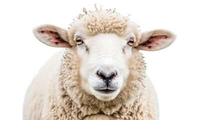 Fototapeta premium Portrait of white fluffy sheep on white background