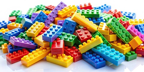Colorful Lego bricks scattered on a white background, showing diversity in shapes and sizes