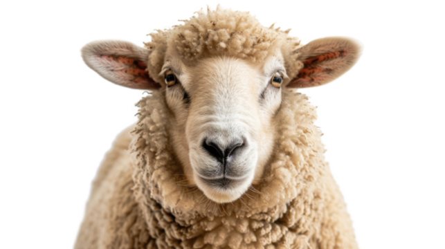 Portrait of white fluffy sheep on white background