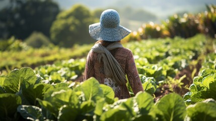 Woman farmer in scarf on head inspecting vegetables in the plantation field 