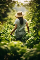 Woman farmer in scarf on head inspecting vegetables in the plantation field 