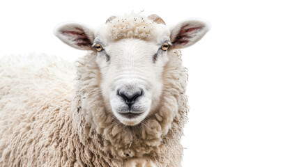 Portrait of white fluffy sheep on white background