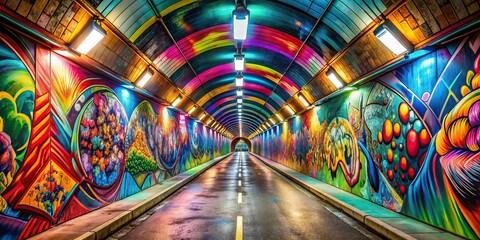 Contemporary urban tunnel with bright graffiti artwork 