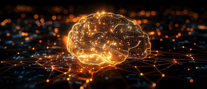 Sand color digital hologram futuristic brain neuron link on a neuron connection, Artificial intelligence concept, isolated on black background
