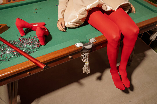 Red Tights and High Heels on Billiard Table