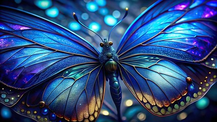 Detailed macro shot capturing the intricate patterns and iridescent hues of blue Blume butterfly wings