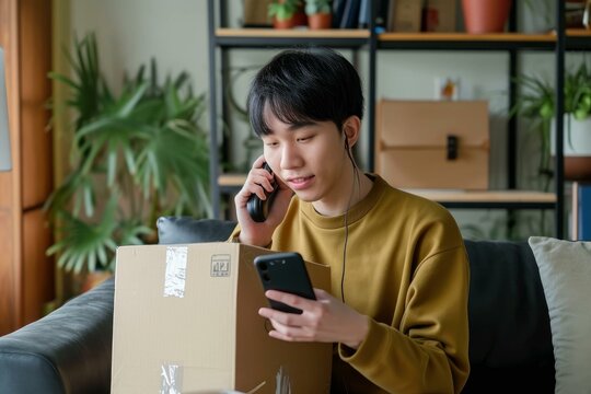 Content young adult coordinating a parcel delivery over the phone, with a package and smartphone in hand