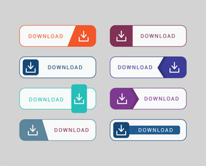 3D download button icon. Down arrow bottom side symbol. Click here button. Save cloud icon push. set collection of download button elements for ui ux web design template with hand cursor.