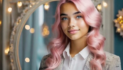 A young woman with vibrant pink hair, positioned centrally. She has blue eyes and is wearing a white shirt underneath a gray blazer. The background is adorned with a blue wall decorated 