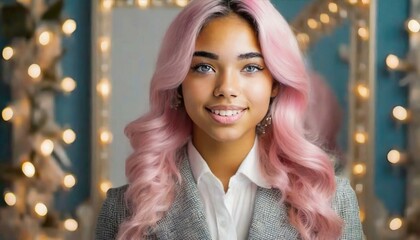 A young woman with vibrant pink hair, positioned centrally. She has blue eyes and is wearing a white shirt underneath a gray blazer. The background is adorned with a blue wall decorated 