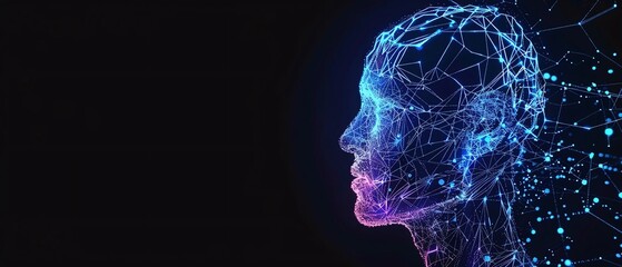 Fototapeta premium Sky blue color digital hologram futuristic face neuron link on a neuron connection, Artificial intelligence concept, isolated on black background