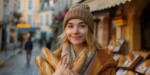 A woman holding a baguette on the streets of a quiet town