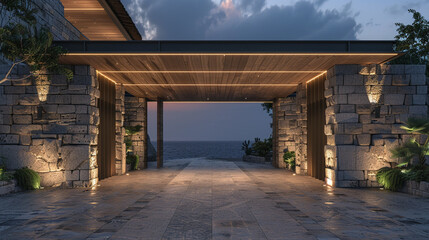Contemporary seaside entrance featuring a seamless blend of stone tiles and rustic wood, with elegant lighting